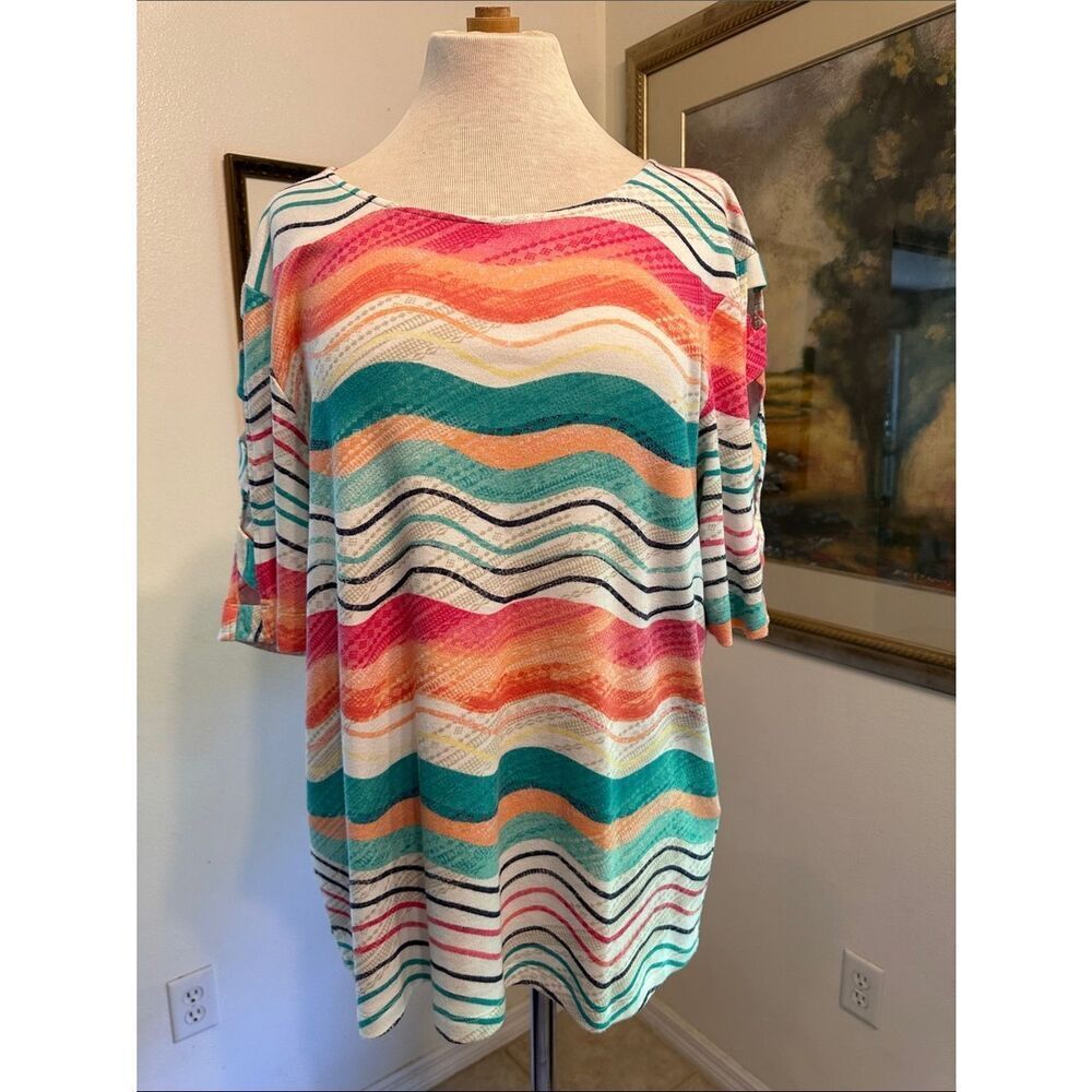 Chico’s Multicolor Wave Print Cotton Blend Top w/Lattice Sleeves Size 3=XL